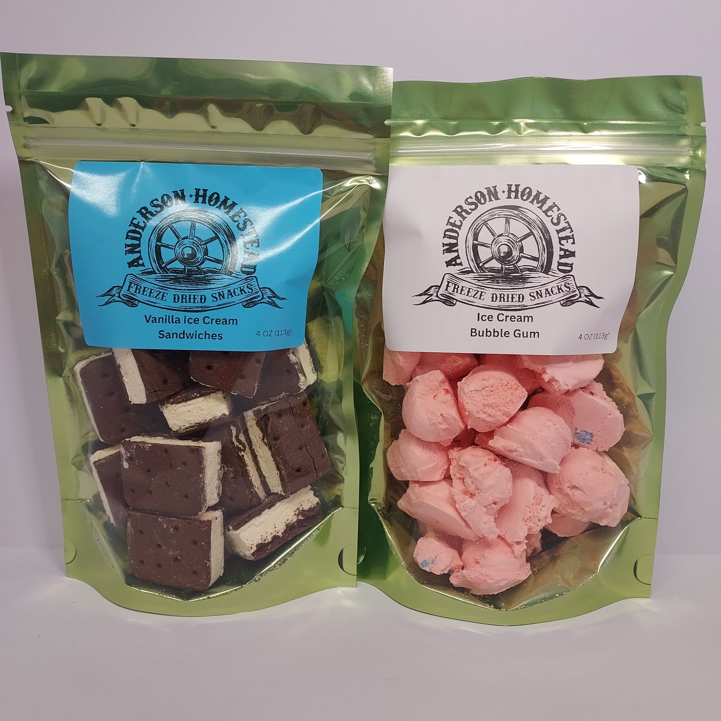 Freeze Dried Vanilla Ice Cream Sandwiches and Bubble Gum Ice Cream Scoops