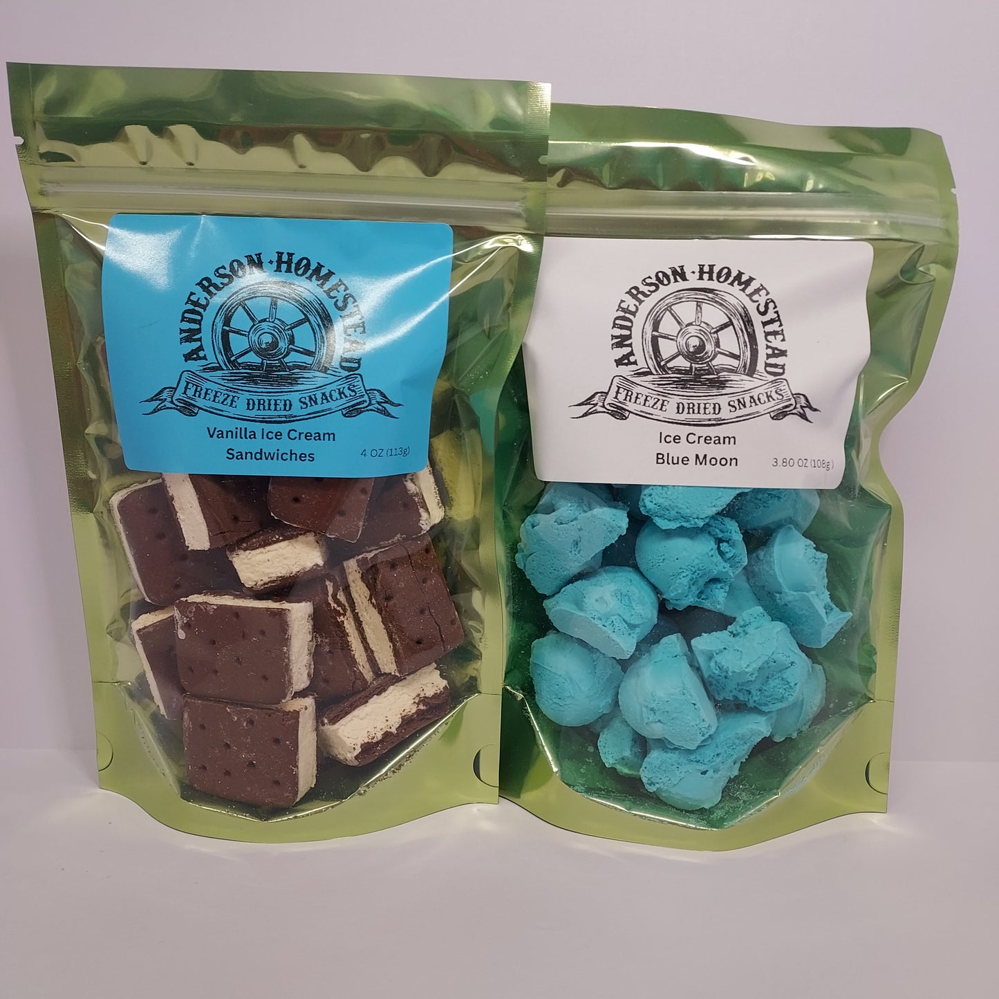 Freeze Dried Vanilla Ice Cream Sandwiches and Blue Moon Ice Cream Scoops