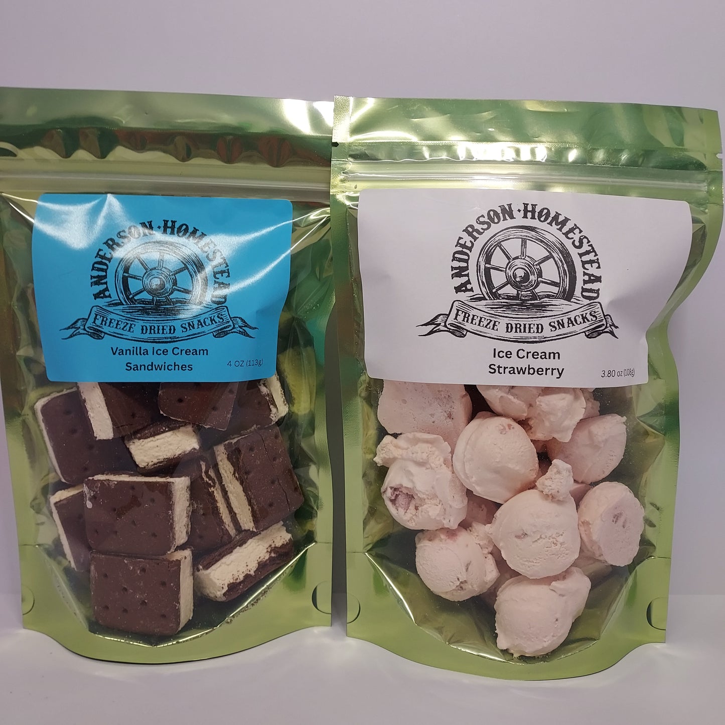 Freeze Dried Vanilla Ice Cream Sandwiches and Strawberry Ice Cream Scoops