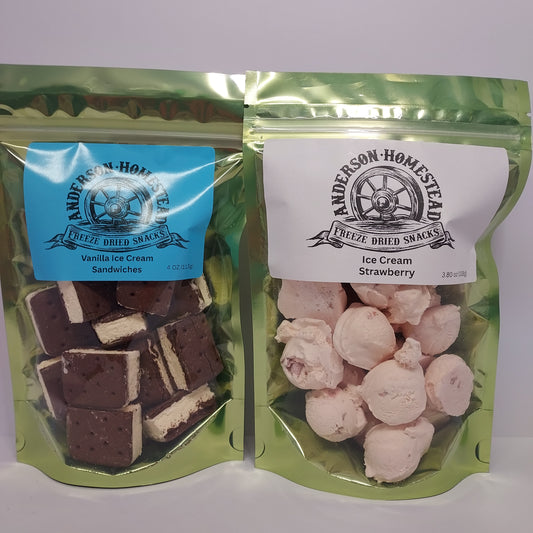 Freeze Dried Vanilla Ice Cream Sandwiches and Strawberry Ice Cream Scoops