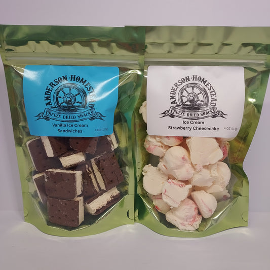 Freeze Dried Vanilla Ice Cream Sandwiches and Strawberry Cheesecake Ice Cream Scoops.