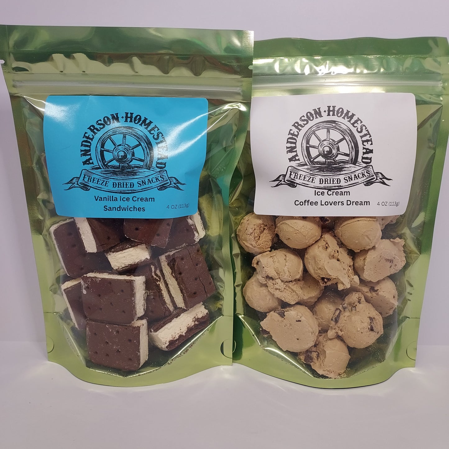 Freeze Dried Vanilla Ice Cream Sandwiches and Coffee Lovers Dream Ice Cream Scoops
