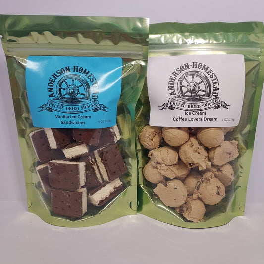 Freeze Dried Vanilla Ice Cream Sandwiches and Coffee Lovers Dream Ice Cream Scoops