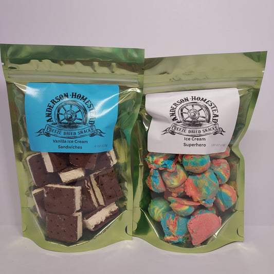 Freeze Dried Vanilla Ice Cream Sandwiches and Superhero Ice Cream Scoops