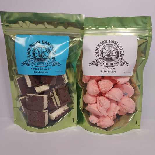 Freeze Dried Vanilla Ice Cream Sandwiches and Bubble Gum Ice Cream Scoops