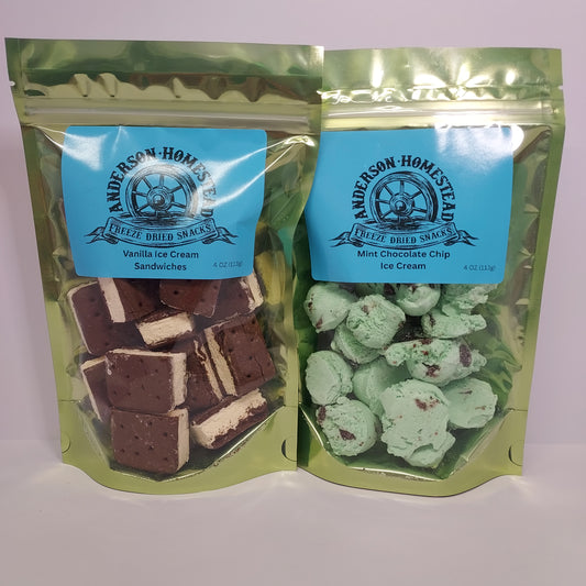 Freeze Dried Vanilla Ice Cream Sandwiches and Mint Chocolate Chip Ice Cream Scoops