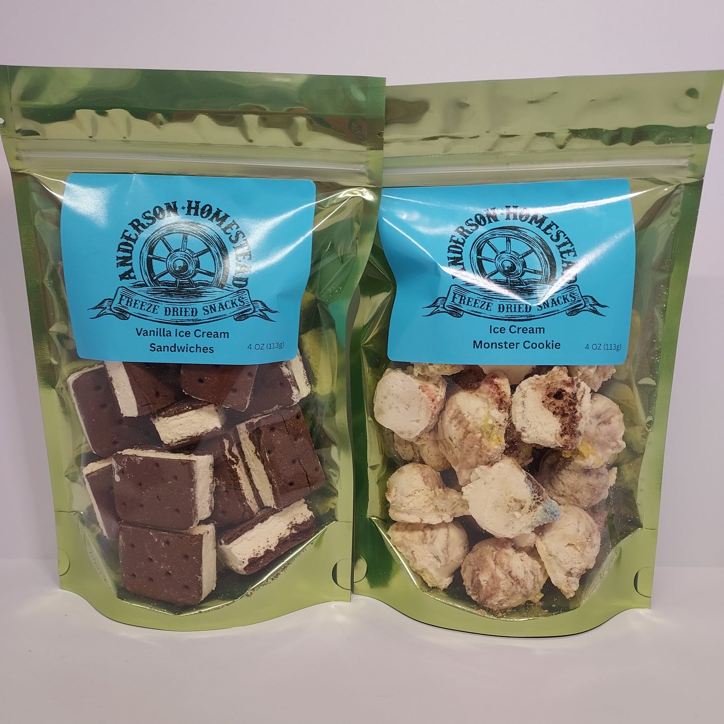 Freeze Dried Vanilla Ice Cream Sandwiches and Monster Cookie Ice Cream Scoops