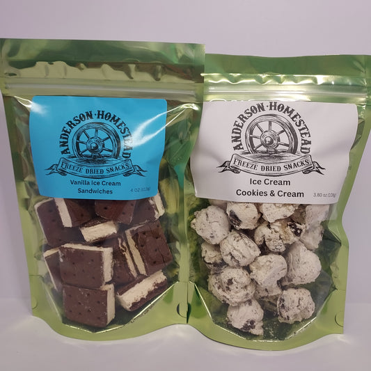 Freeze Dried Vanilla Ice Cream Sandwiches and Cookies & Cream Ice Cream Scoops